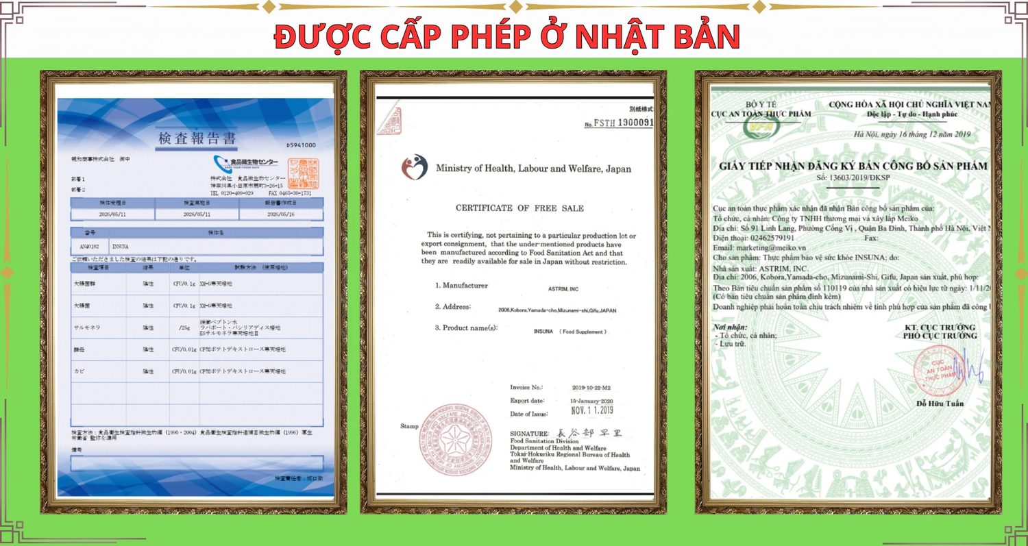 Ba giấy tờ của INSUNA: phiếu kiểm nghiệm Nhật Bản, Certificate of Free Sale và giấy tiếp nhận đăng ký bản công bố sản phẩm
